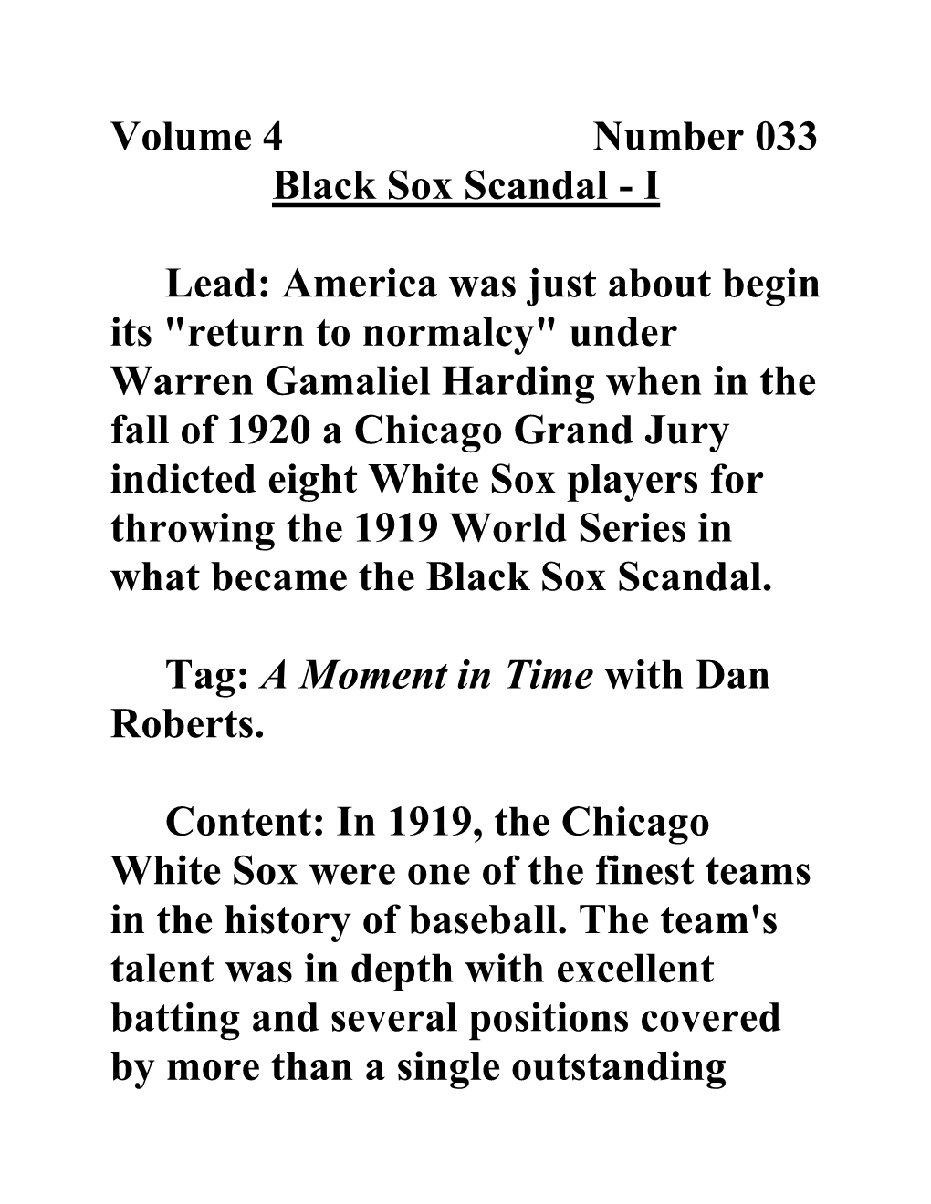 Volume 4 Number 033 Black Sox Scandal - I