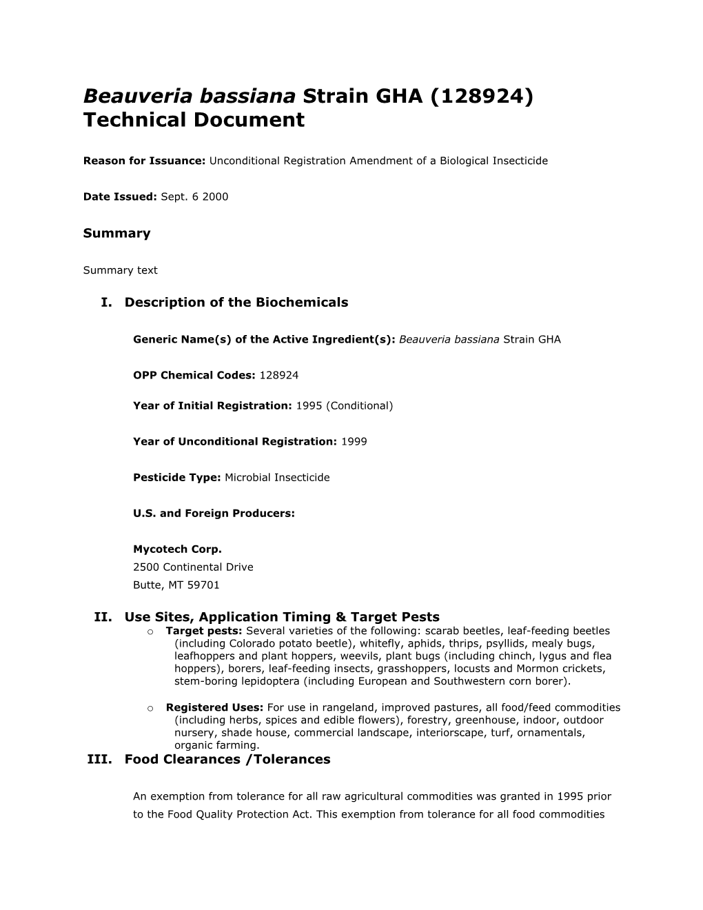 Beauveria Bassiana Strain GHA (128924) Technical Document