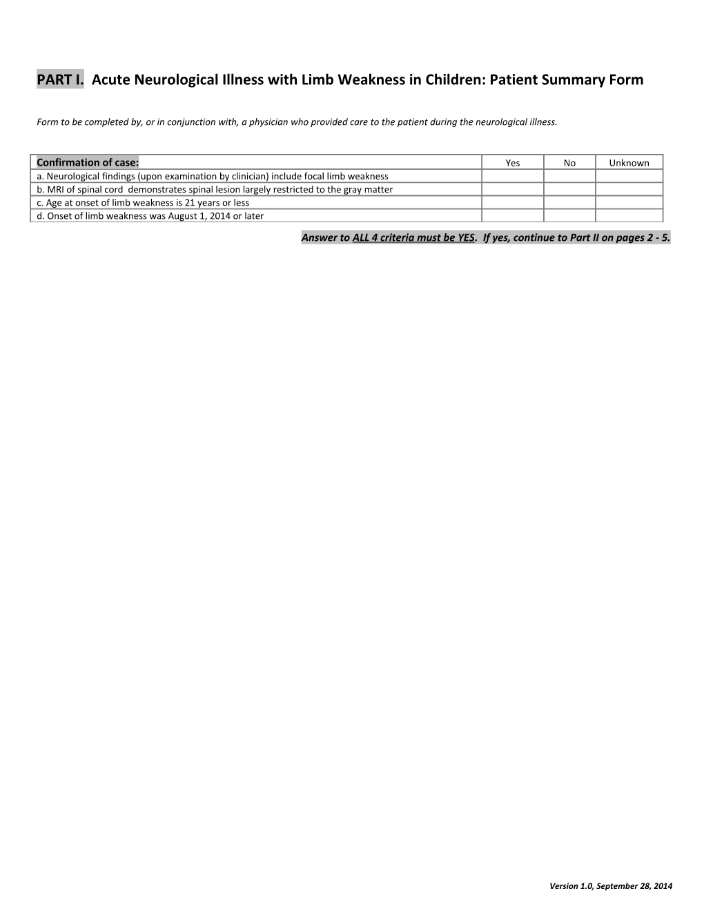 Acute Neurological Illness with Limb Weakness in Children Patient Summary Form