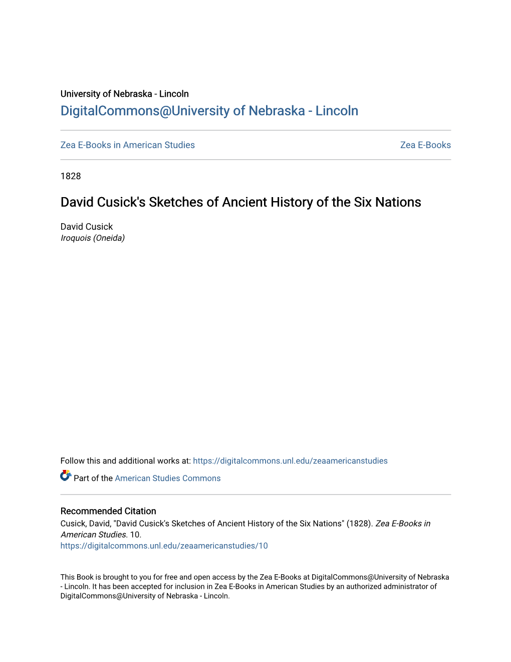 David Cusick's Sketches of Ancient History of the Six Nations