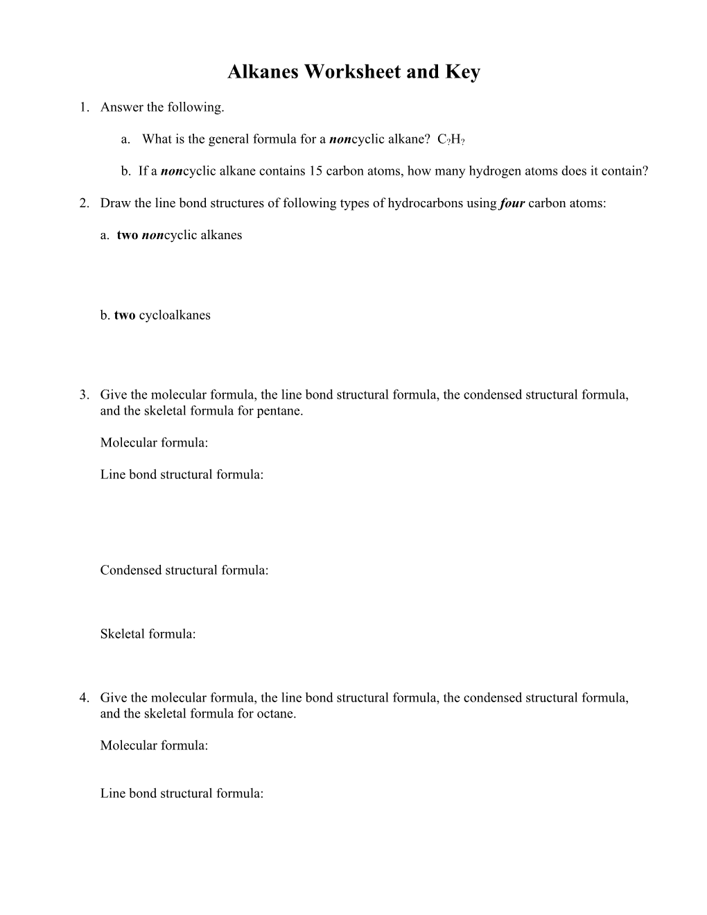 Alkanes Worksheet and Key