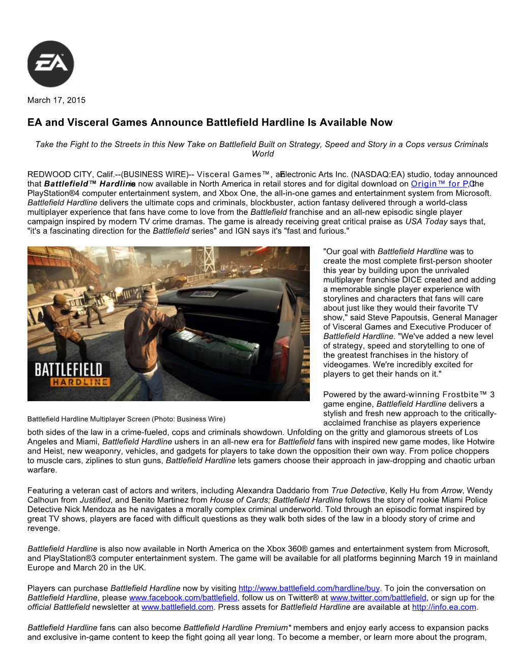 EA and Visceral Games Announce Battlefield Hardline Is Available Now