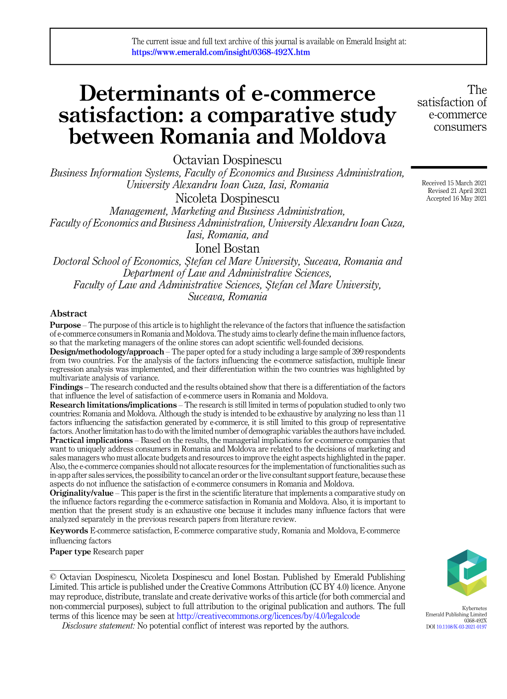 Determinants of E-Commerce Satisfaction