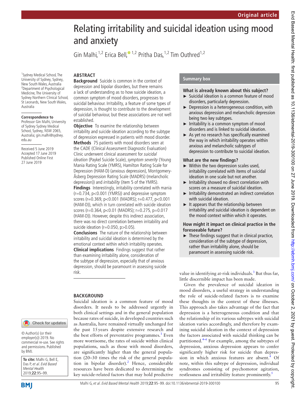 Relating Irritability and Suicidal Ideation Using Mood and Anxiety Gin Malhi,1,2 Erica Bell,‍ ‍ 1,2 Pritha Das,1,2 Tim Outhred1,2