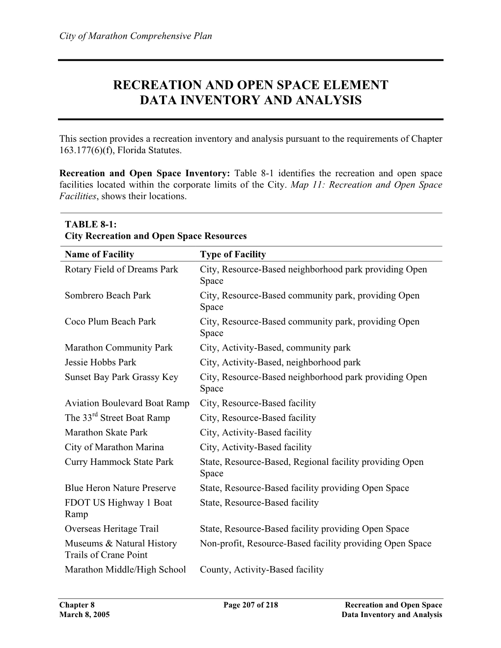 Recreation and Open Space Element Data Inventory and Analysis