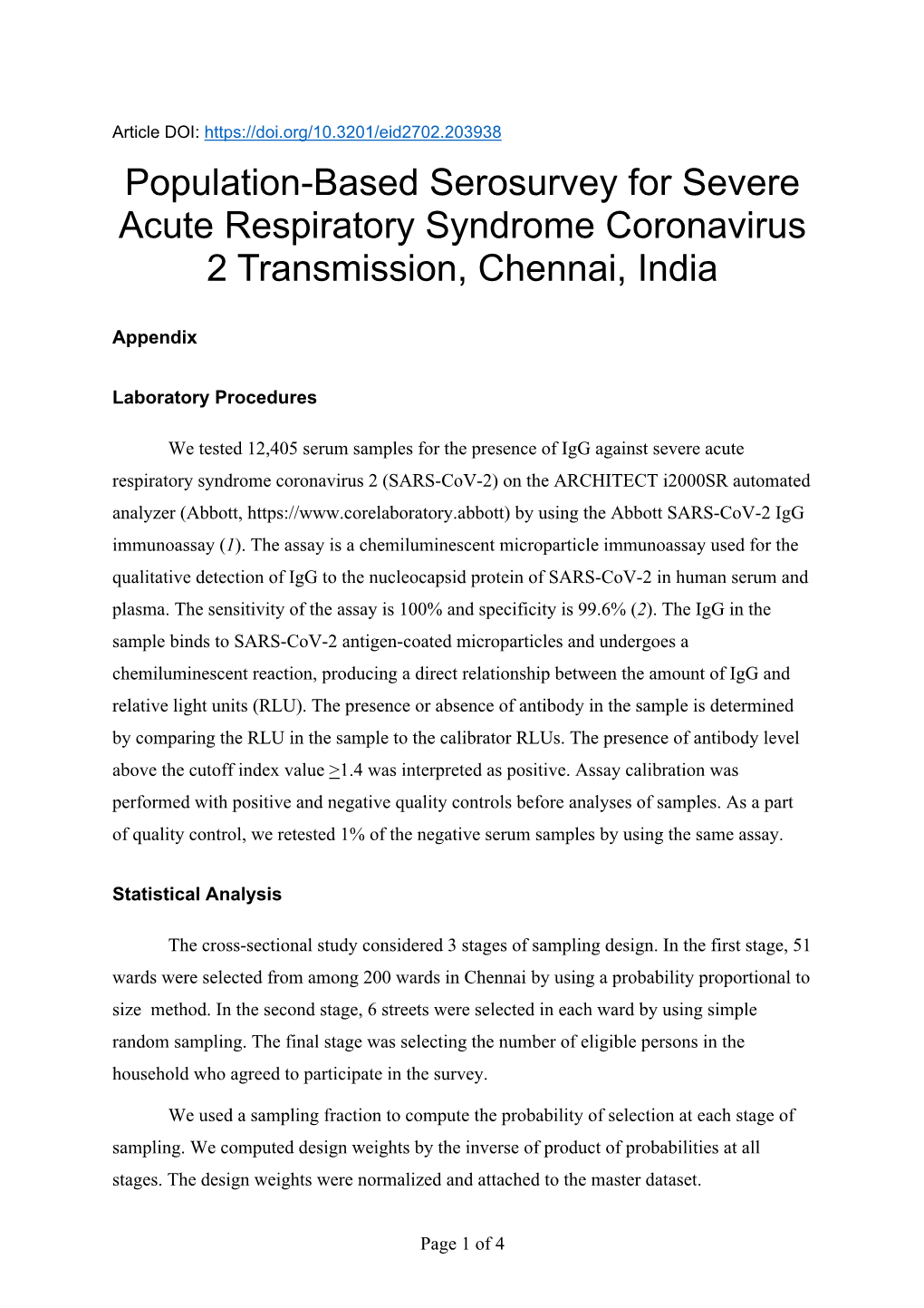 Population-Based Serosurvey for Severe Acute Respiratory Syndrome Coronavirus 2 Transmission, Chennai, India