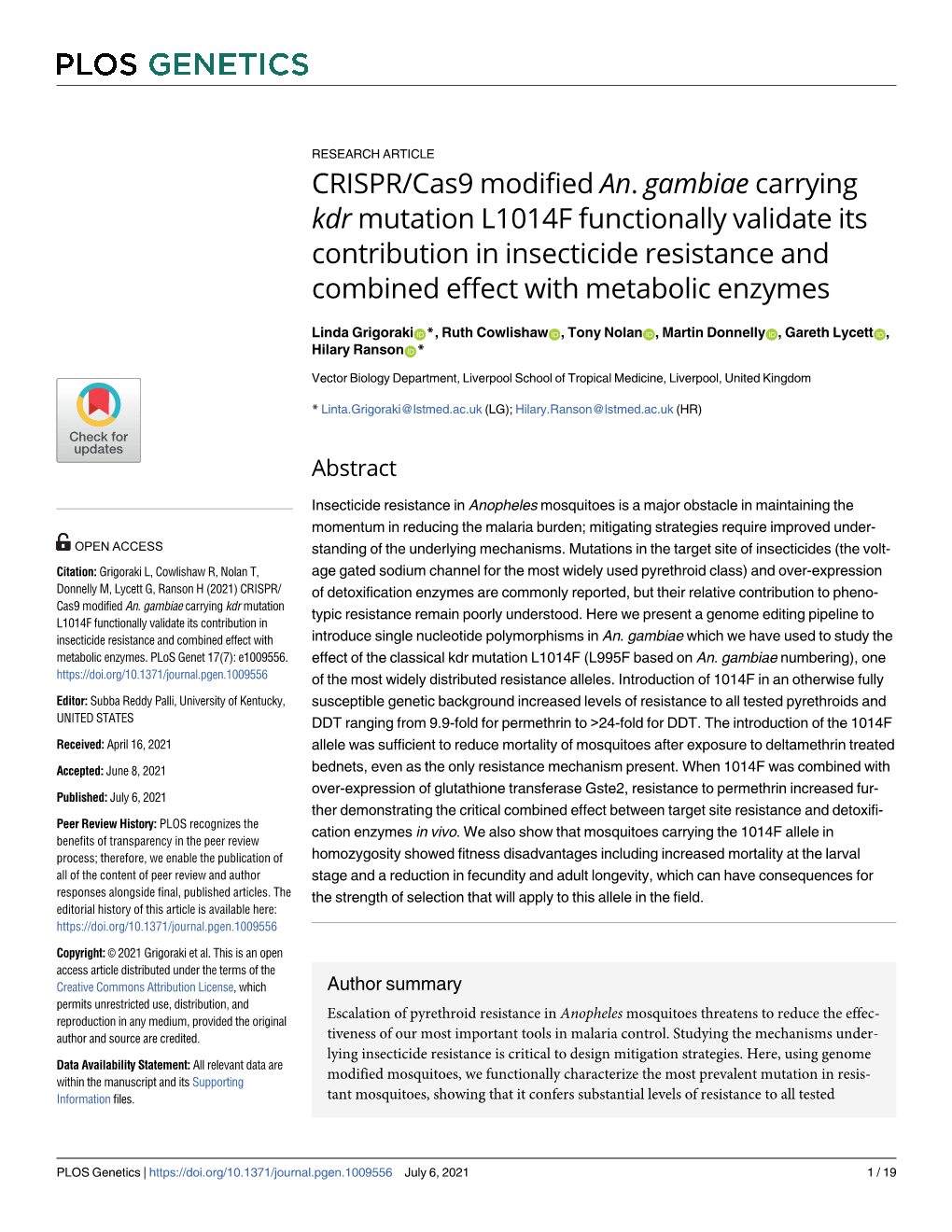 CRISPR/Cas9 Modified An. Gambiae Carrying Kdr Mutation