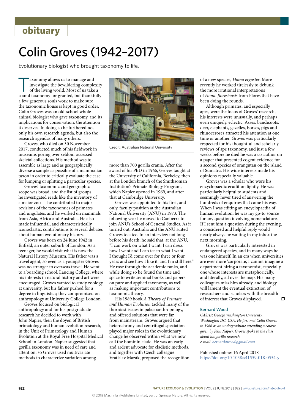 Colin Groves (1942–2017) Evolutionary Biologist Who Brought Taxonomy to Life