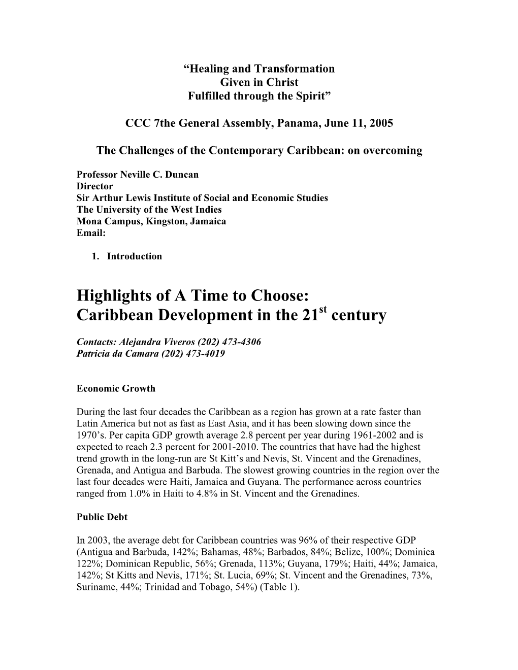 Highlights of a Time to Choose: Caribbean Development in the 21St Century