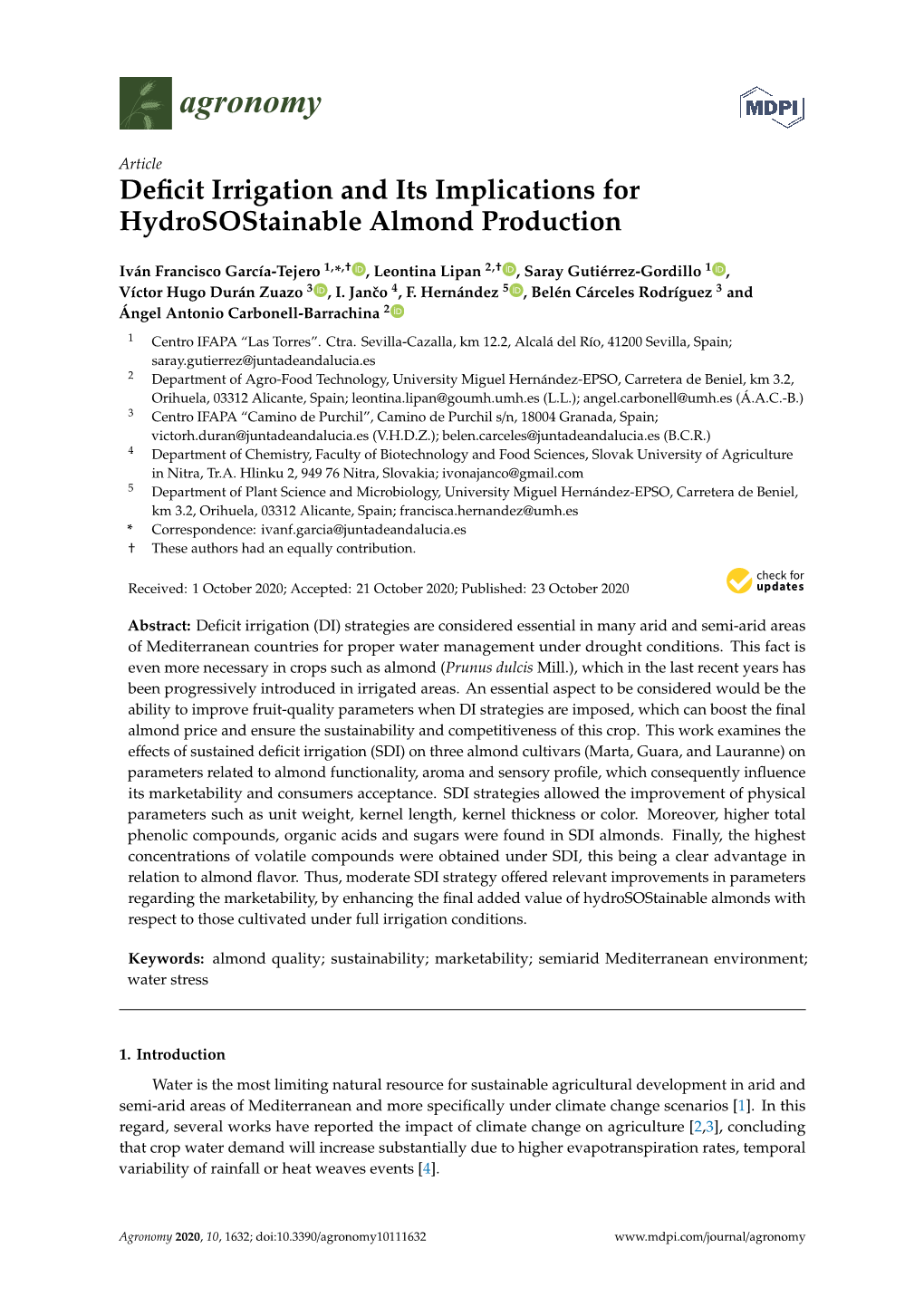 Deficit Irrigation and Its Implications for Hydrosostainable Almond