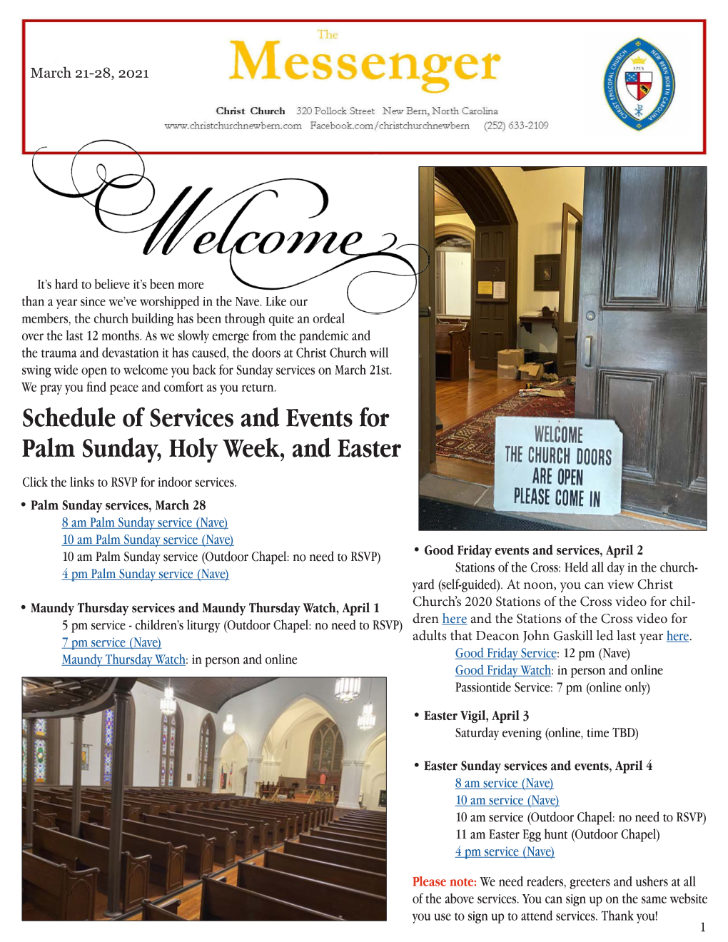 Schedule of Services and Events for Palm Sunday, Holy Week, and Easter Click the Links to RSVP for Indoor Services