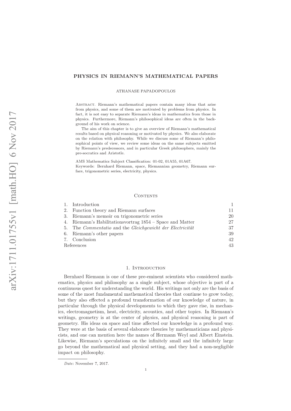 Arxiv:1711.01755V1 [Math.HO] 6 Nov 2017 Obyn H Ahmtcladpyia Etn,Adte a N a Had They Inﬁnitely and the Setting, Physical and Philosophy