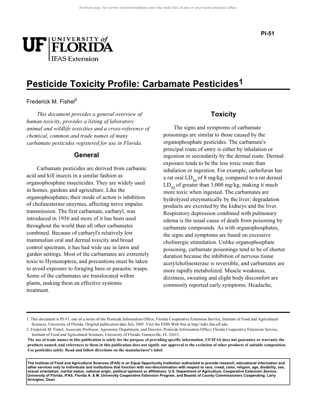 Pesticide Toxicity Profile: Carbamate Pesticides1