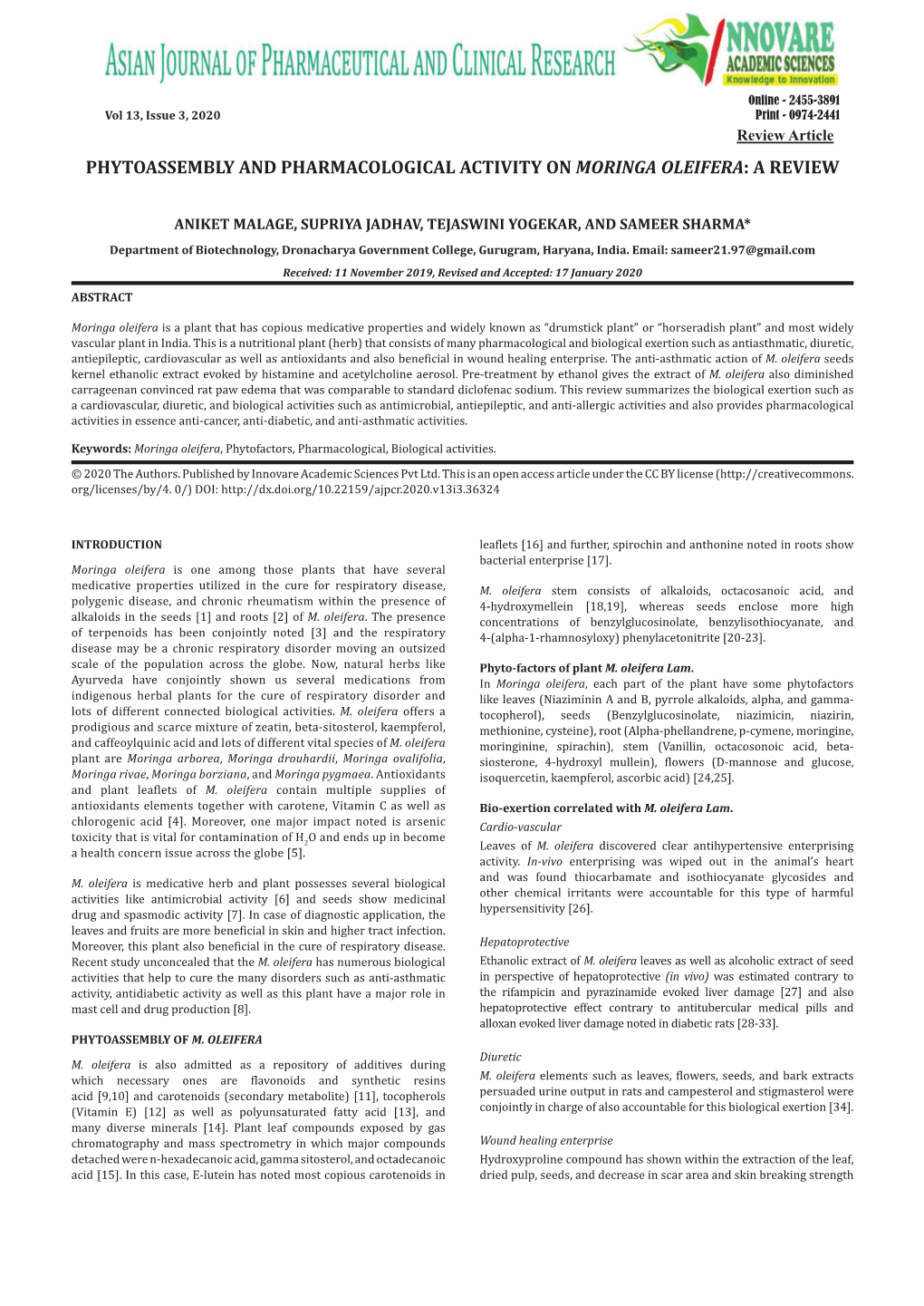 Phytoassembly and Pharmacological Activity on Moringa Oleifera: a Review