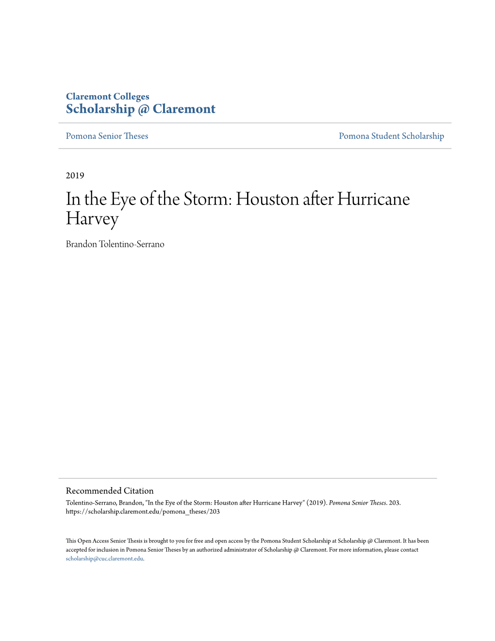 In the Eye of the Storm: Houston After Hurricane Harvey Brandon Tolentino-Serrano