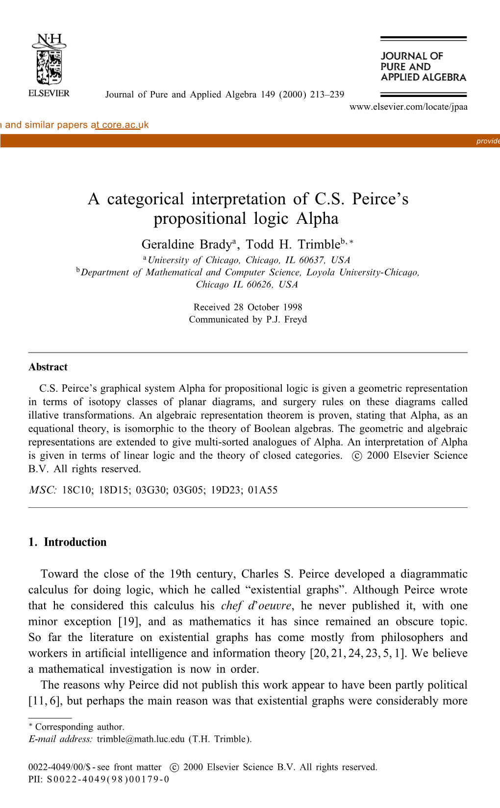 A Categorical Interpretation of C.S. Peirce's Propositional Logic Alpha