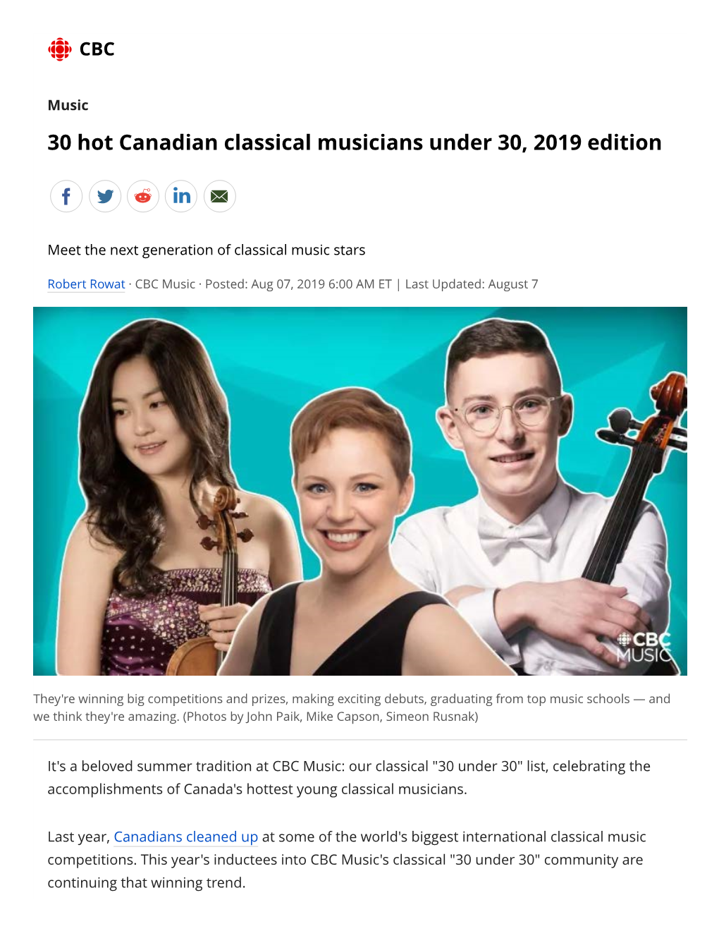 30 Hot Canadian Classical Musicians Under 30, 2019 Edition