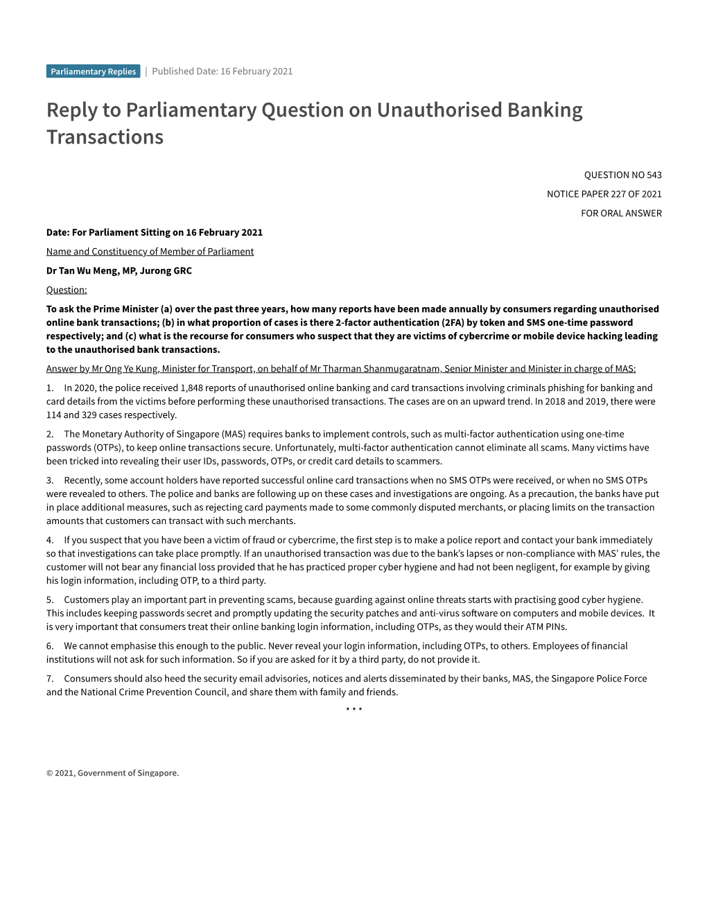Reply to Parliamentary Question on Unauthorised Banking Transactions