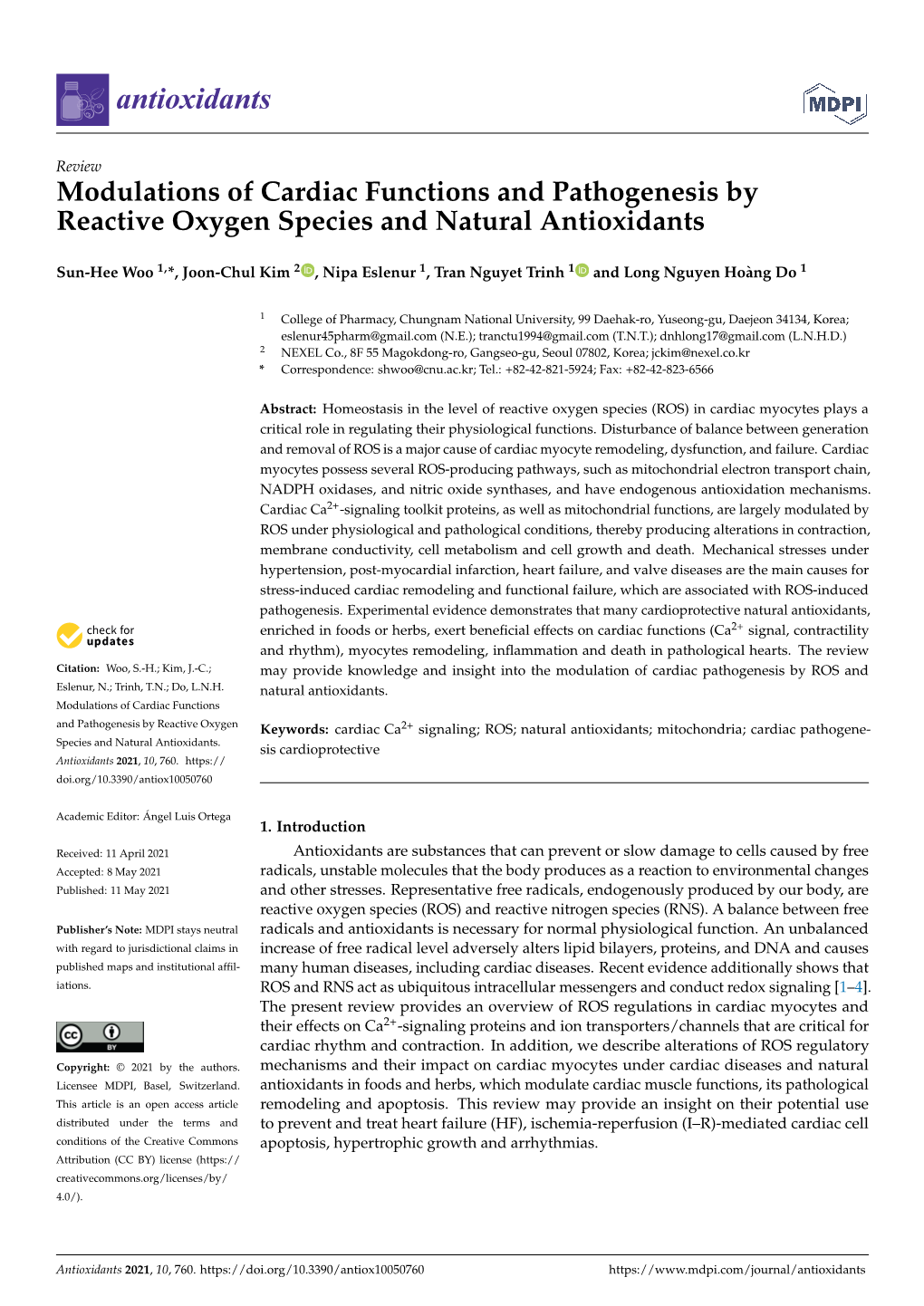 Modulations of Cardiac Functions and Pathogenesis by Reactive Oxygen Species and Natural Antioxidants