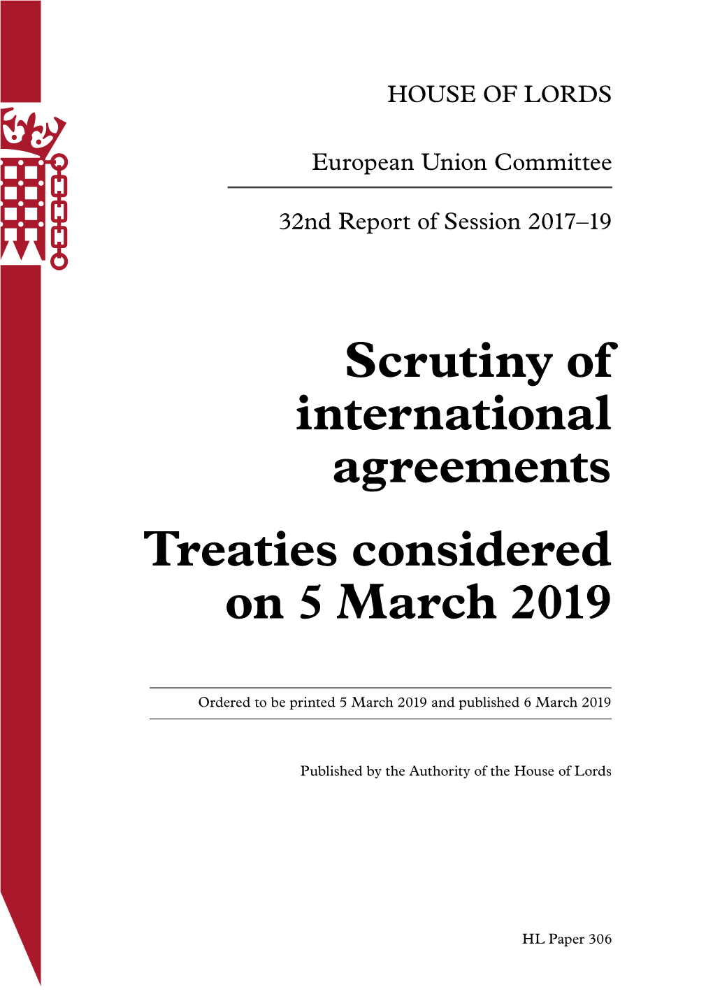 Scrutiny of International Agreements Treaties Considered on 5 March 2019
