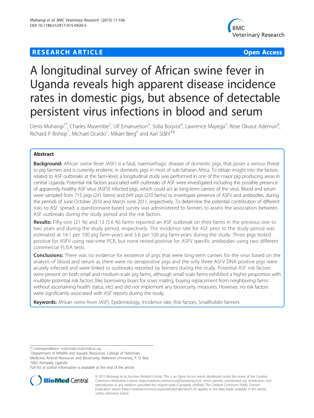 A Longitudinal Survey of African Swine Fever in Uganda Reveals High
