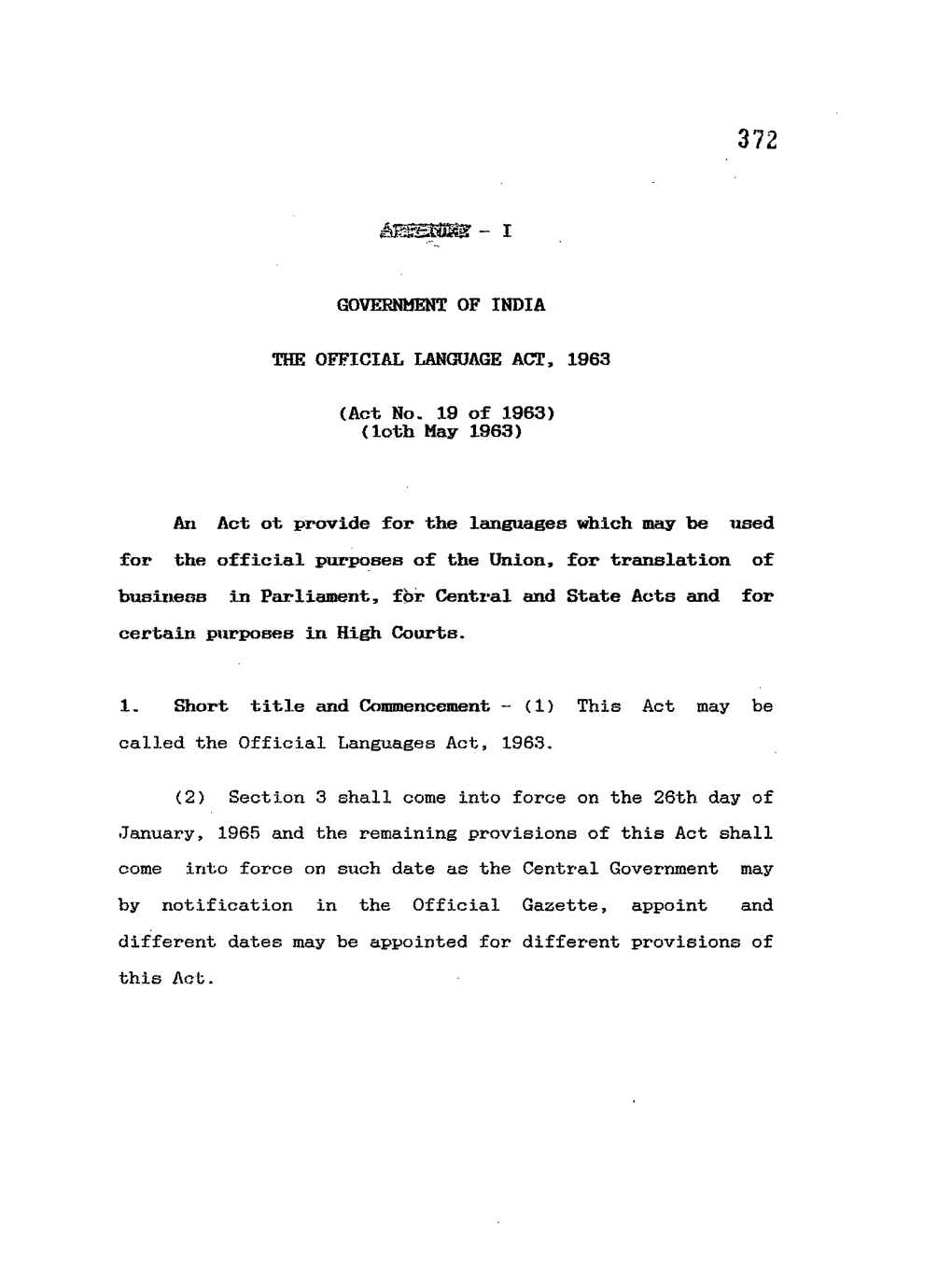 Government of India the Official Language Act, 1963