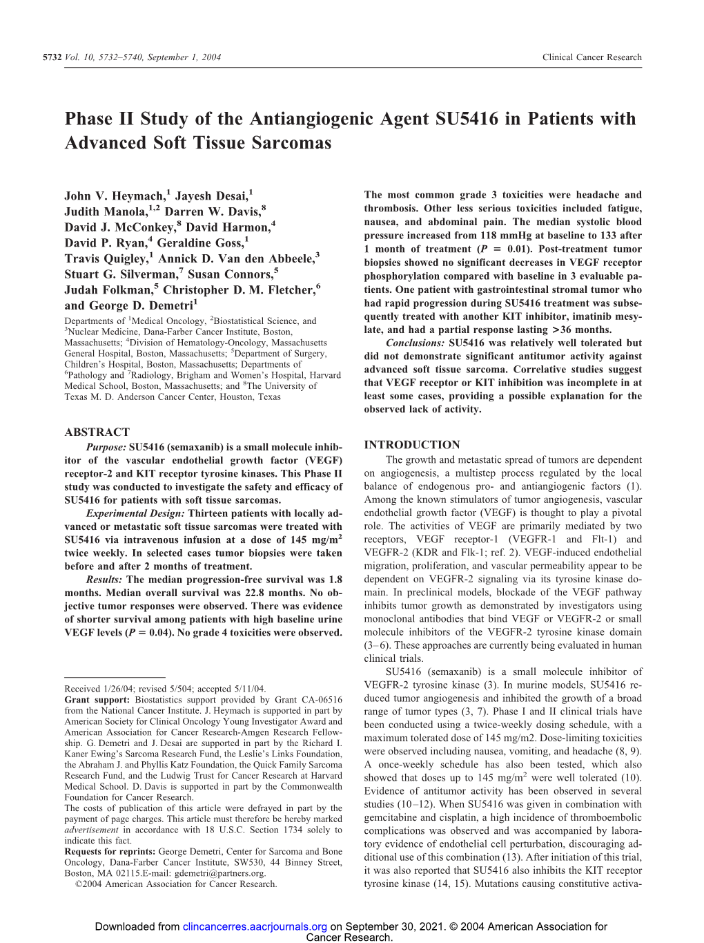 Phase II Study of the Antiangiogenic Agent SU5416 in Patients with Advanced Soft Tissue Sarcomas