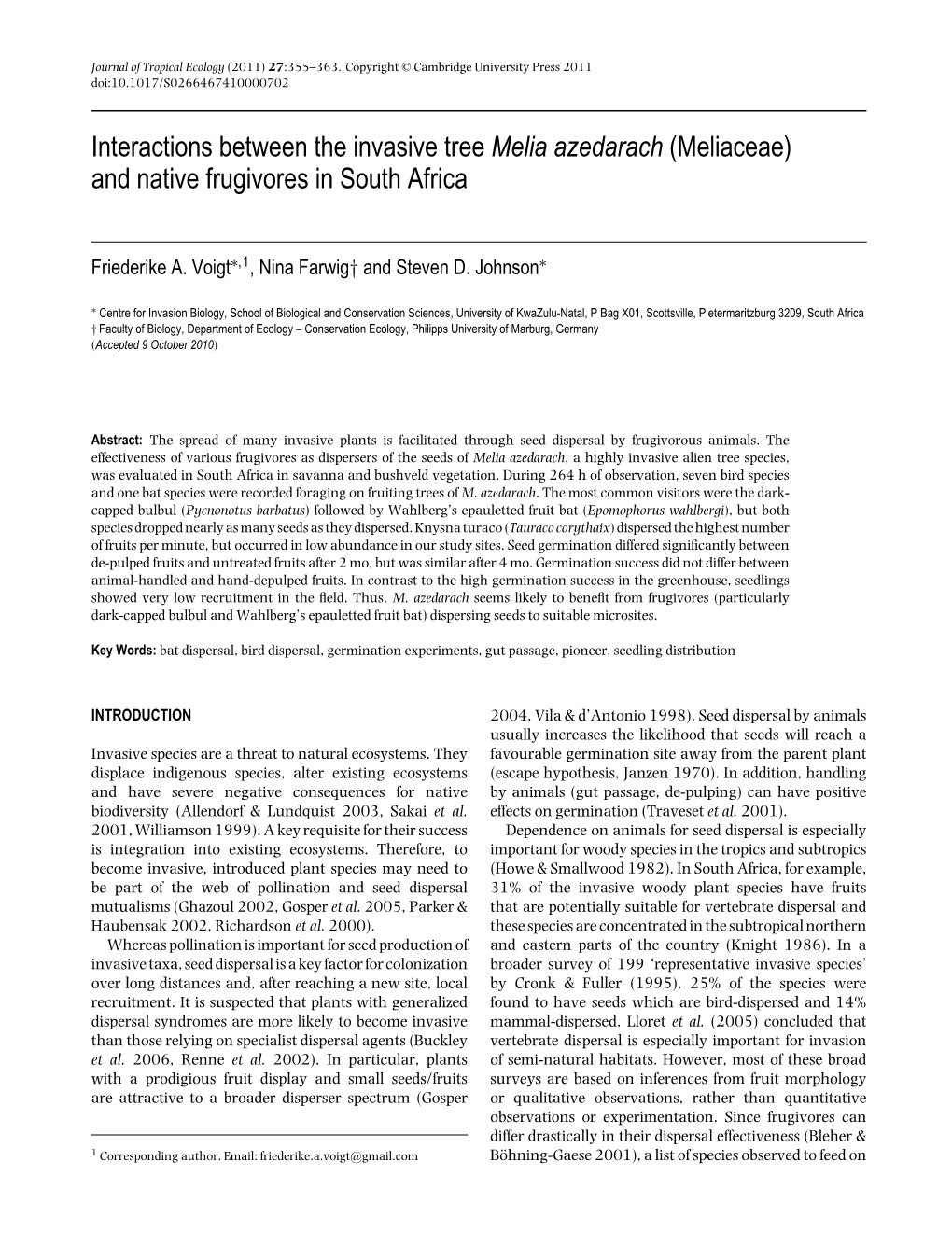 Interactions Between the Invasive Tree Melia Azedarach (Meliaceae) and Native Frugivores in South Africa