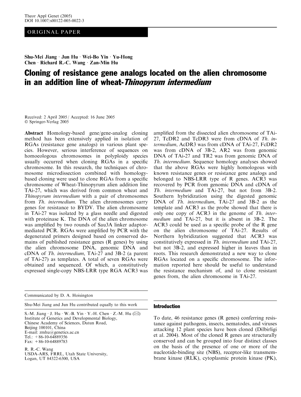 Cloning of Resistance Gene Analogs Located on the Alien Chromosome in an Addition Line of Wheat-Thinopyrum Intermedium