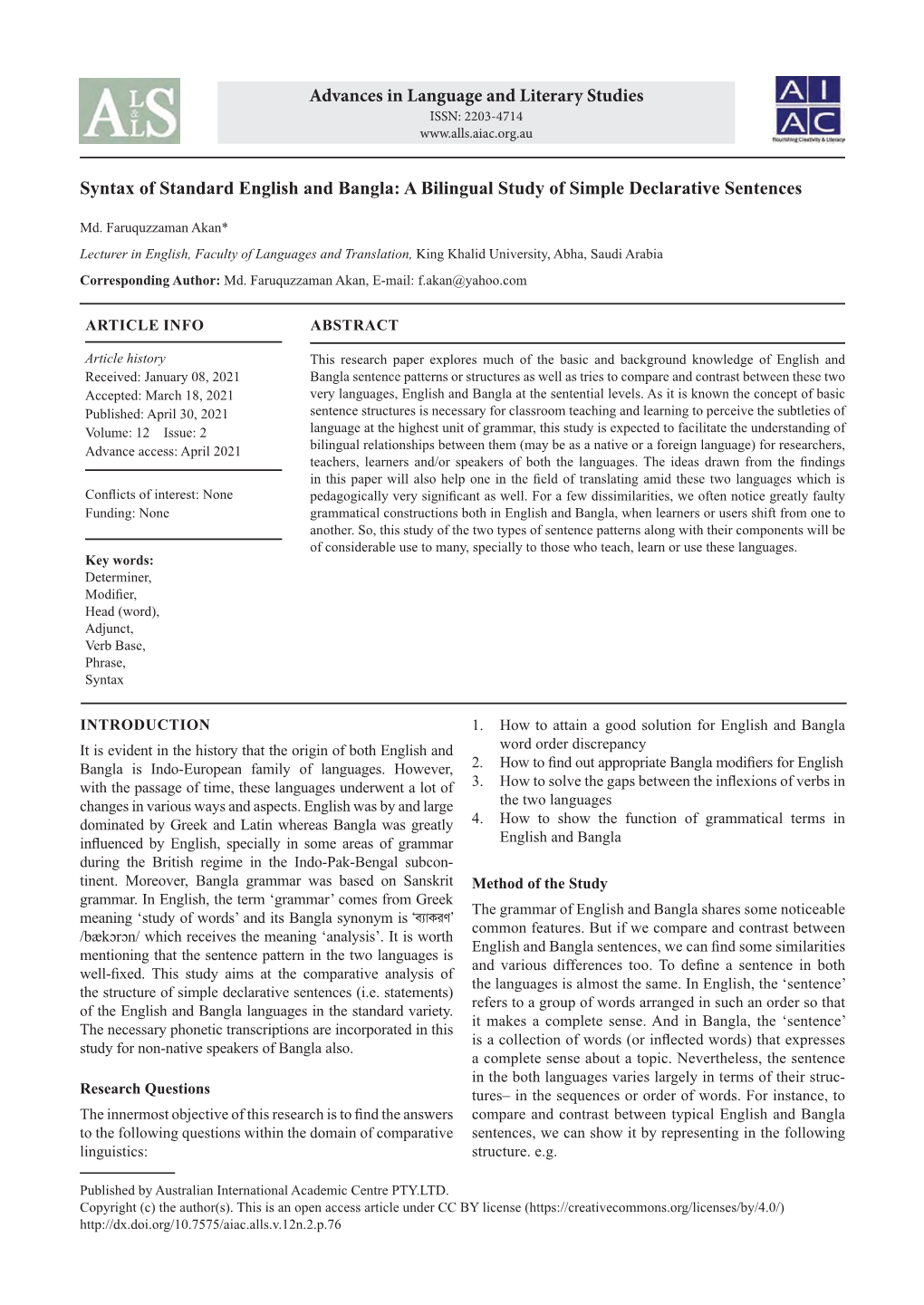 Syntax of Standard English and Bangla: a Bilingual Study of Simple Declarative Sentences