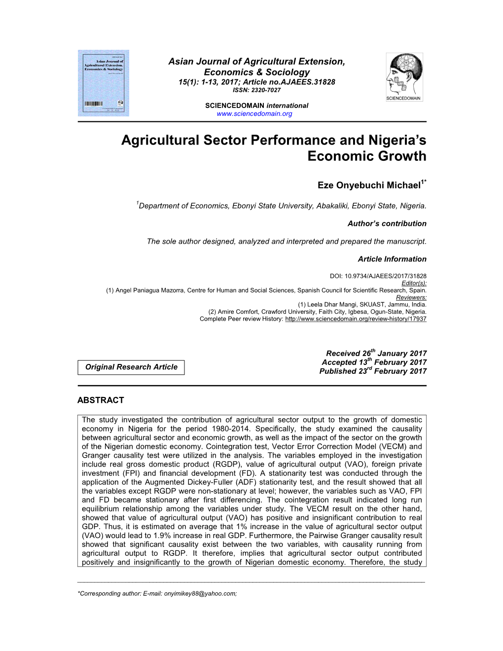 Agricultural Sector Performance and Nigeria's Economic Growth