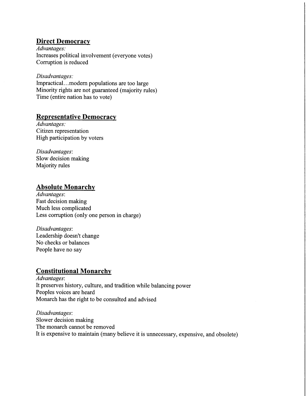 Direct Democracy Representative Democracy Absolute Monarchy