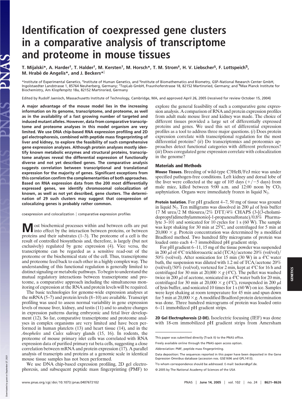 Identification of Coexpressed Gene Clusters in a Comparative Analysis of Transcriptome and Proteome in Mouse Tissues