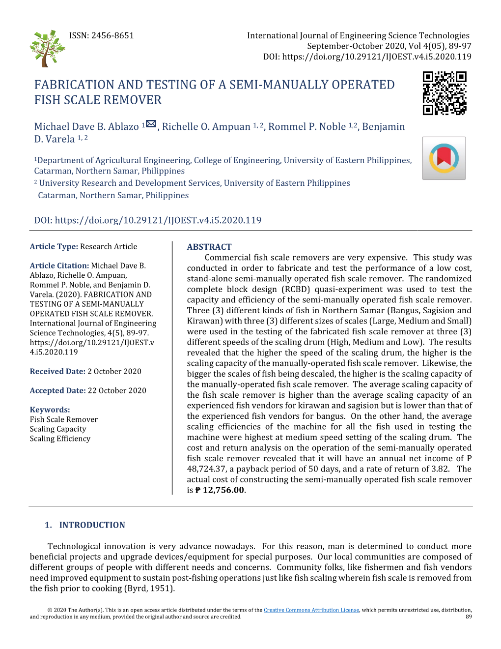 Fabrication and Testing of a Semi-Manually Operated Fish Scale Remover