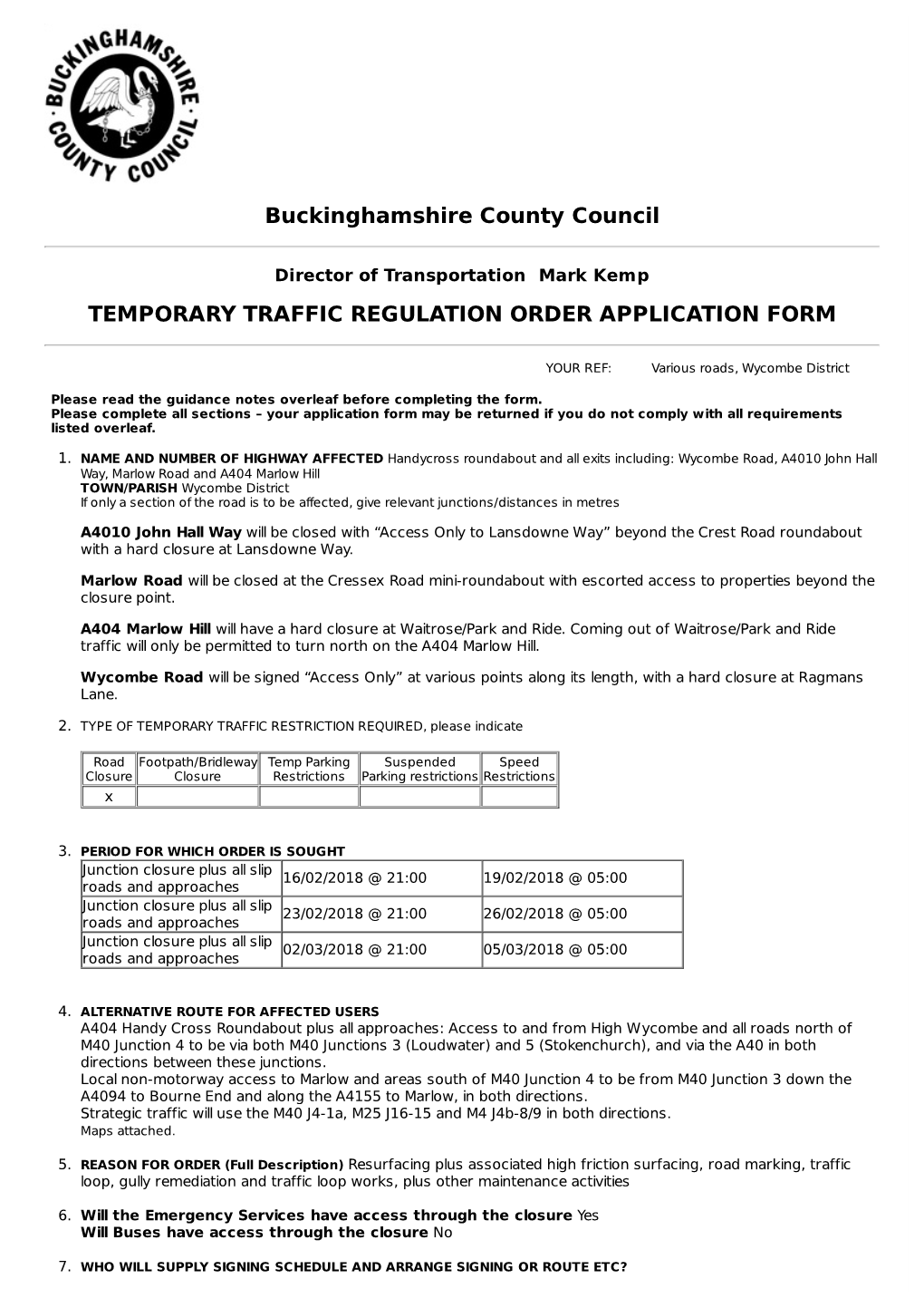 Buckinghamshire County Council TEMPORARY TRAFFIC