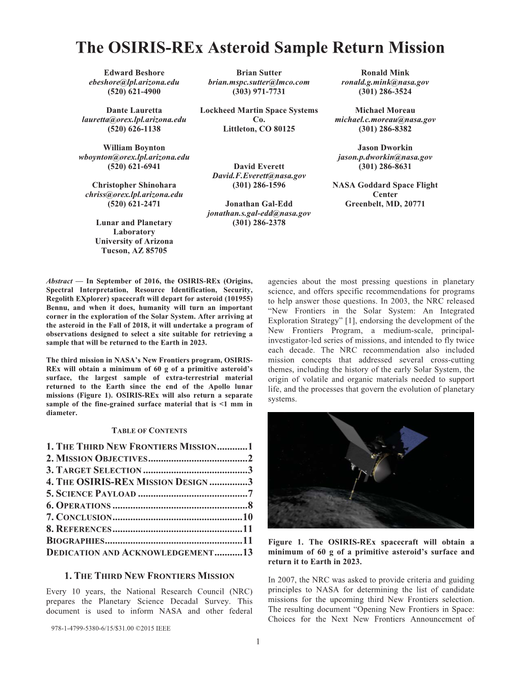 The OSIRIS-Rex Asteroid Sample Return Mission