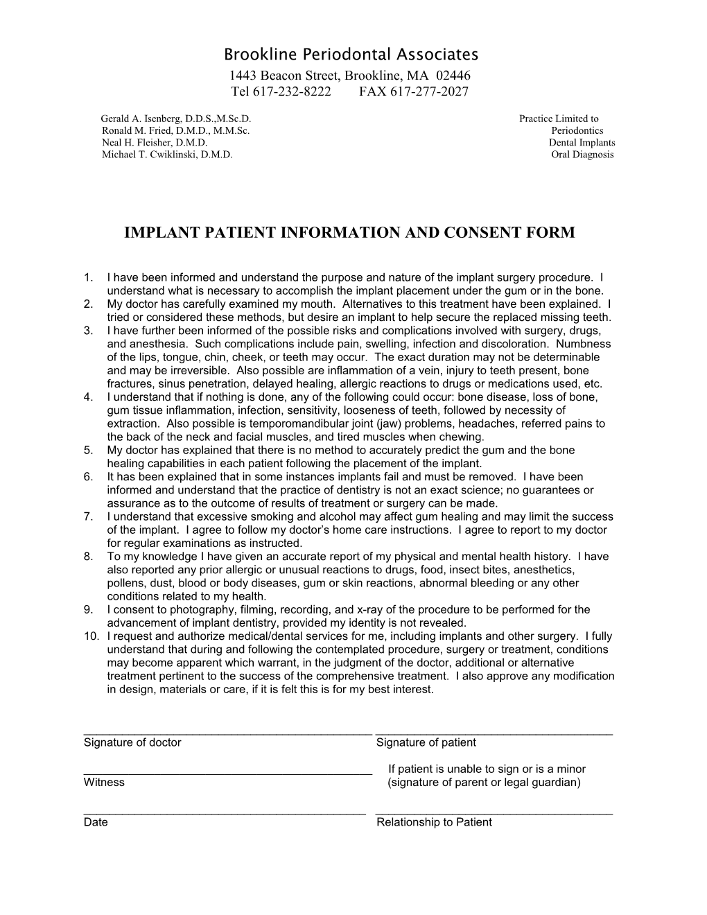 Implant Patient Information and Consent Form