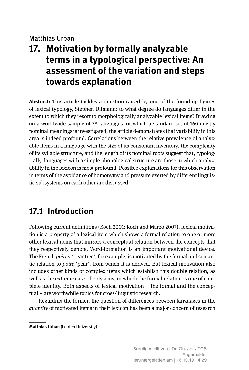 17. Motivation by Formally Analyzable Terms in a Typological Perspective