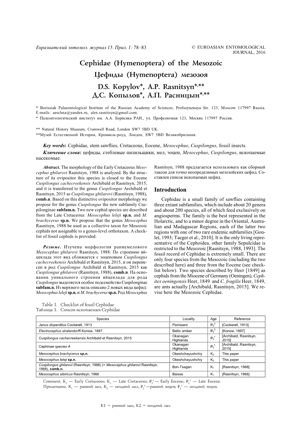 Cephidae (Hymenoptera) of the Mesozoic Цефиды (Hymenoptera