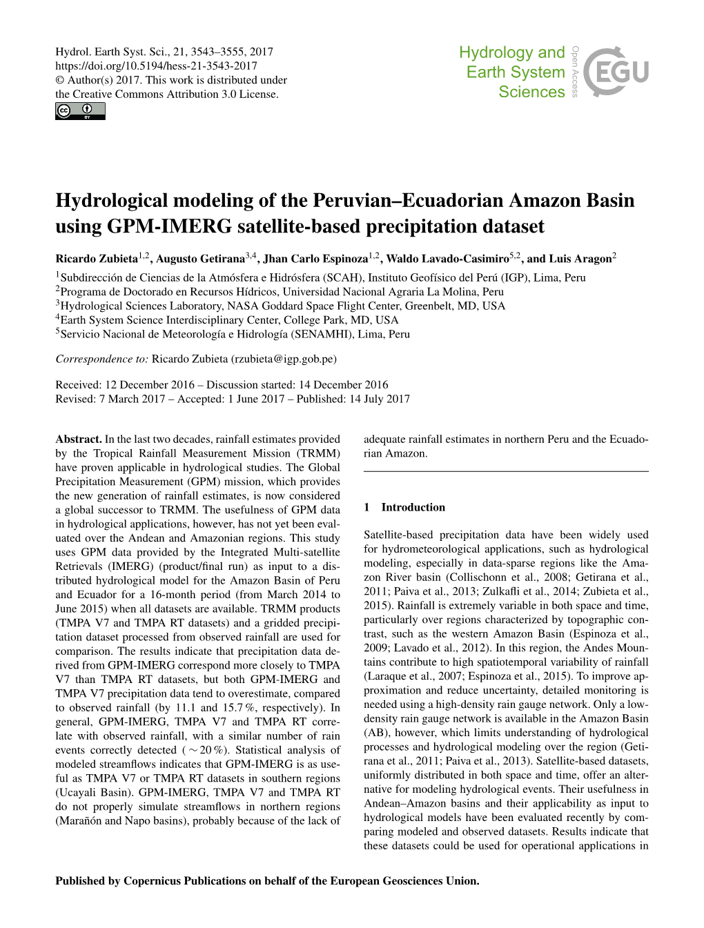 Ecuadorian Amazon Basin Using GPM-IMERG Satellite-Based Precipitation Dataset