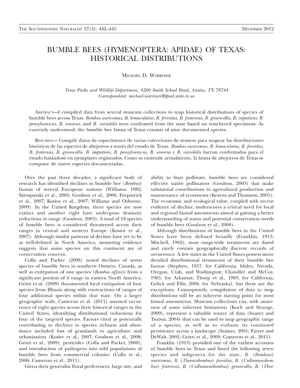 Bumble Bees (Hymenoptera: Apidae) of Texas: Historical Distributions