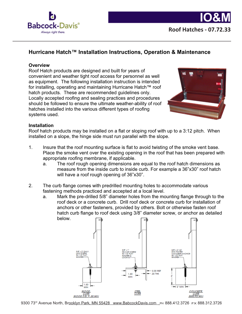 Babcock Roof Hatch BRHZ Hurricane IOM DOC