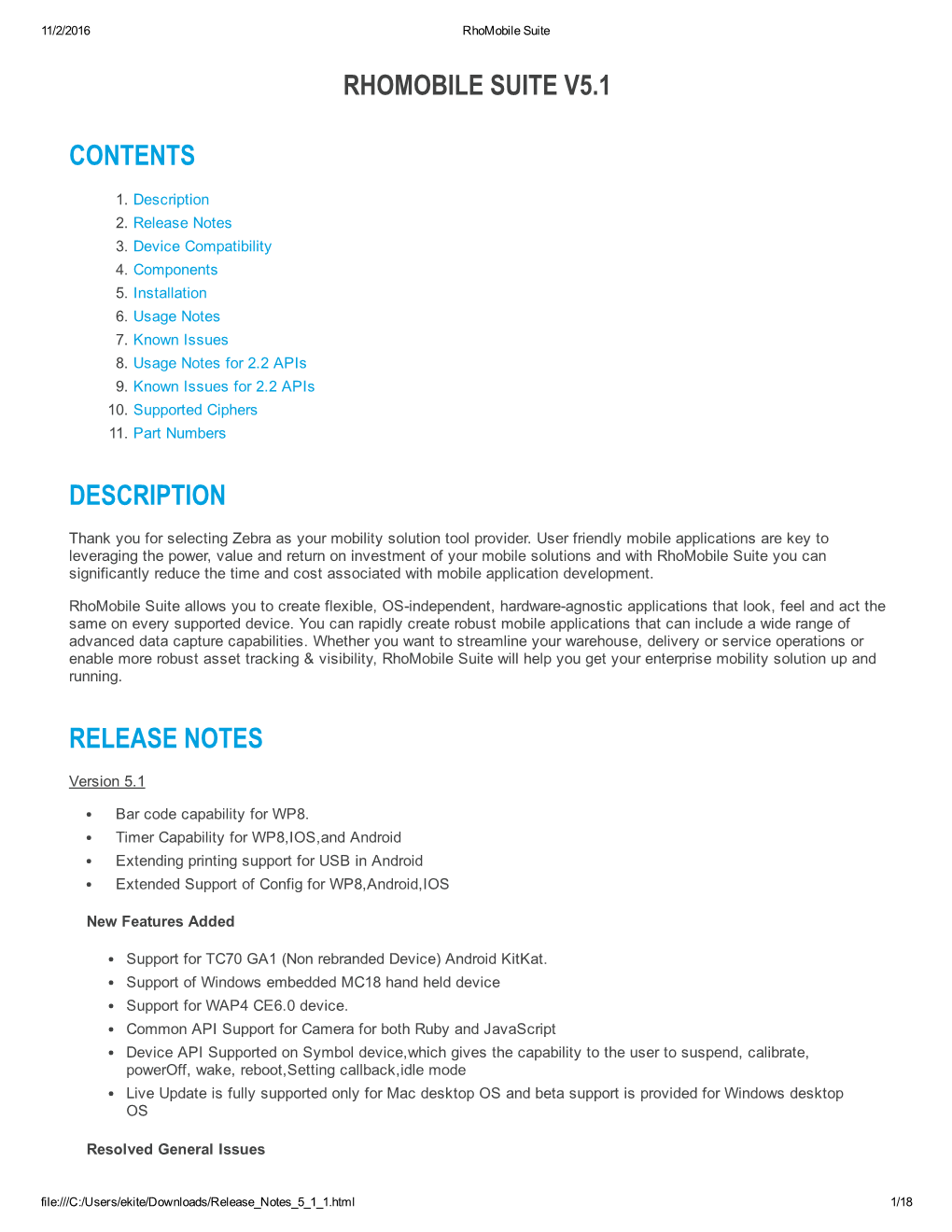 Rhomobile Suite V5.1 Contents Description Release Notes