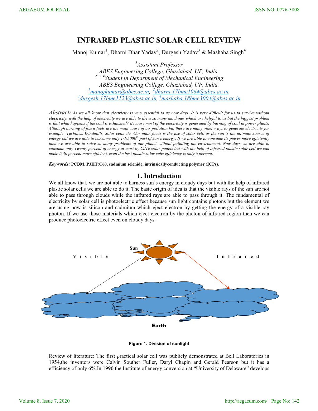 INFRARED PLASTIC SOLAR CELL REVIEW Manoj Kumar1, Dharni Dhar Yadav2, Durgesh Yadav3 & Mashaba Singh4