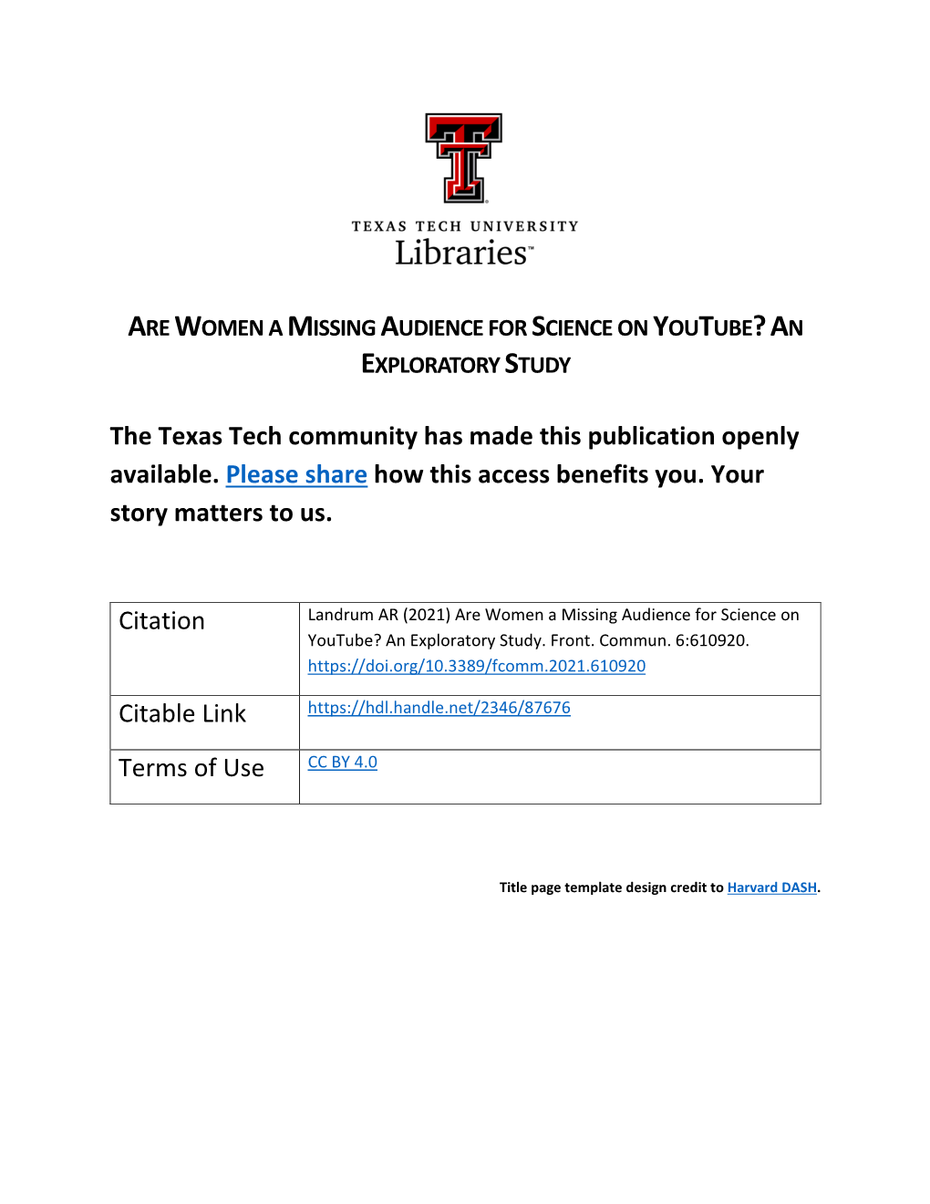 The Texas Tech Community Has Made This Publication Openly Available