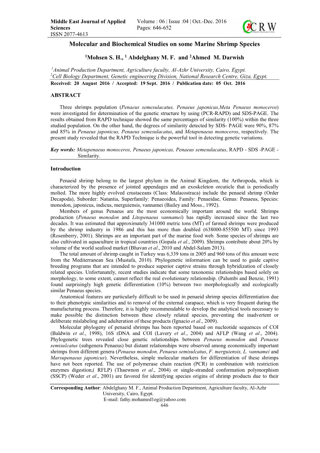 Molecular and Biochemical Studies on Some Marine Shrimp Species