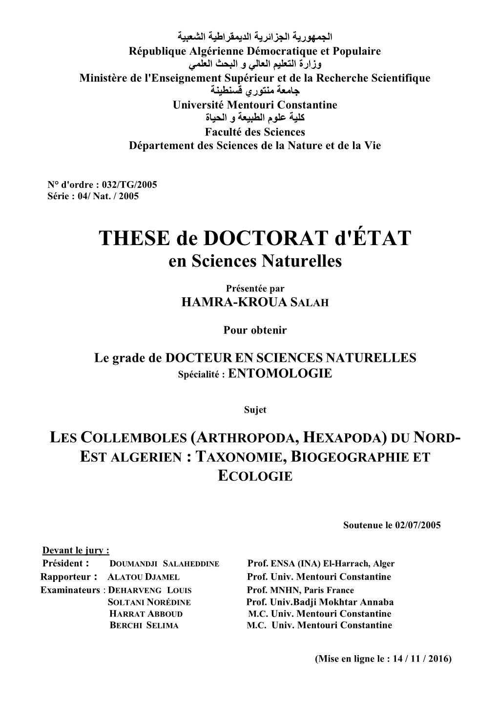 THESE De DOCTORAT D'état En Sciences Naturelles