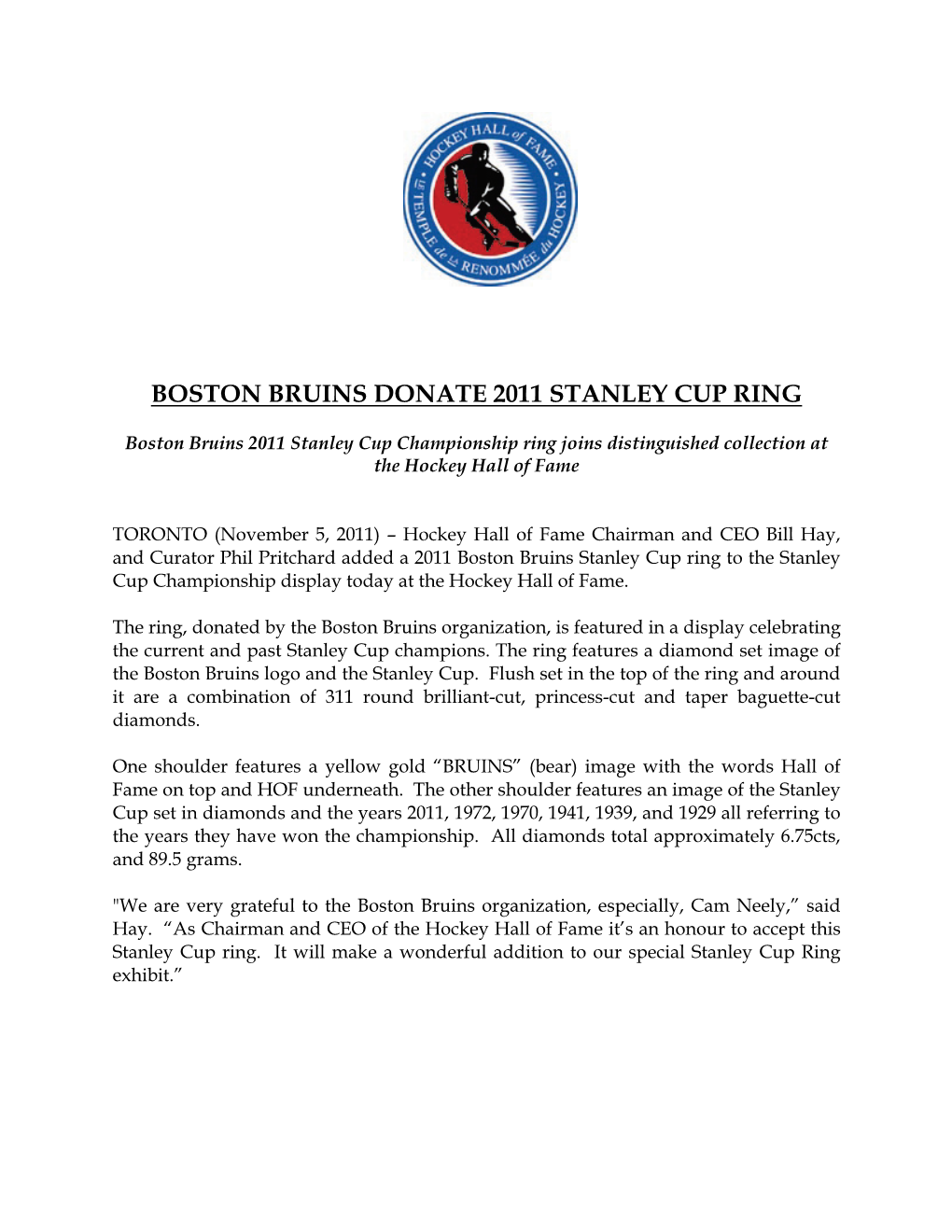 Boston Bruins Donate 2011 Stanley Cup Ring