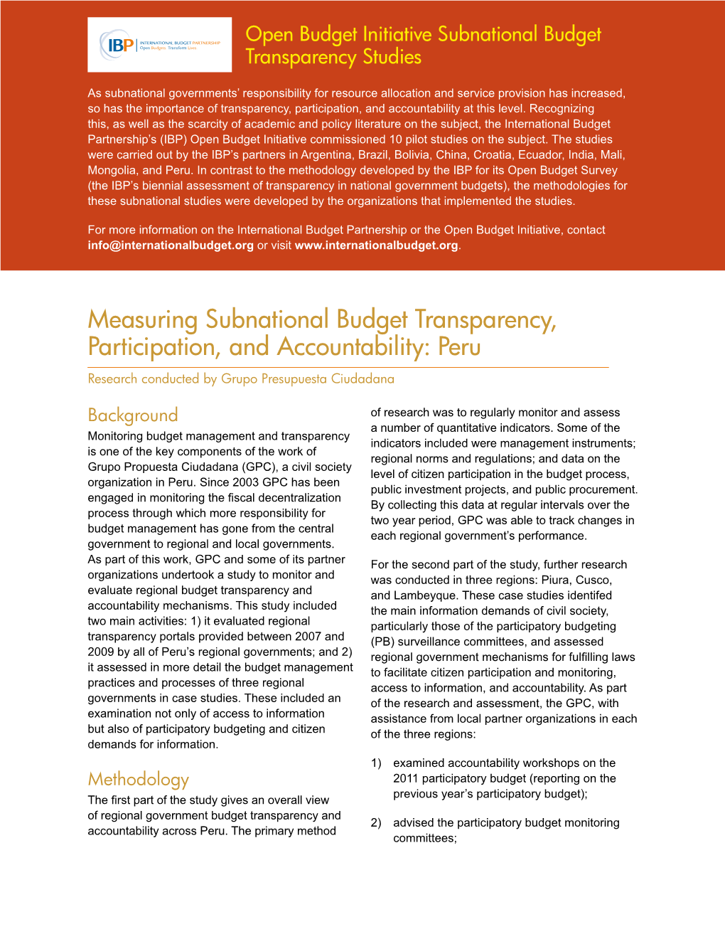 Measuring Subnational Budget Transparency, Participation, and Accountability: Peru Research Conducted by Grupo Presupuesta Ciudadana