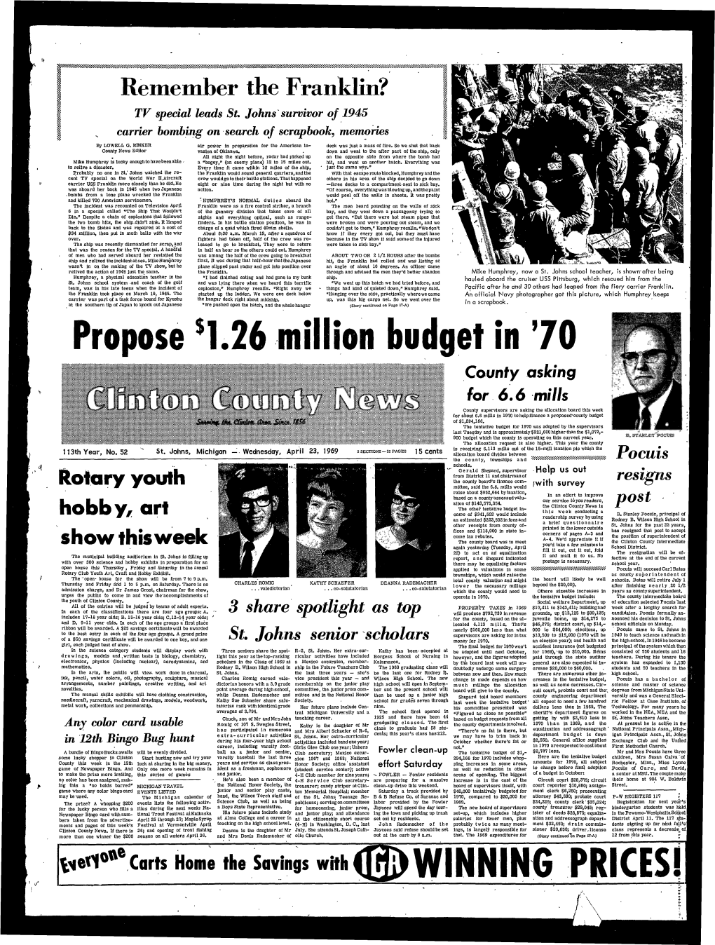 April 23, 1969 2SECTIONS-32PAGES 15 Cents Allocation Board Divides Between the County, Townships and Pocuis Schools